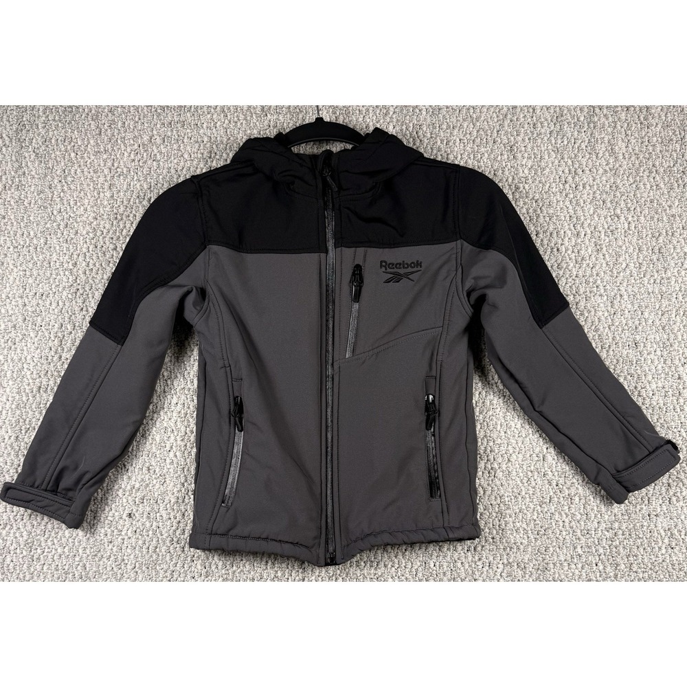 Reebok Hooded Softshell Jacket Youth 7 Gray Black Fleece Lined Zip Coat